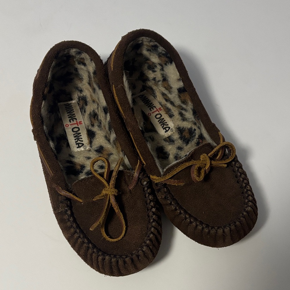 Minnetonka Brown Moccasins with Animal Print Lining